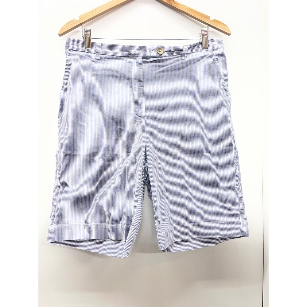 Lands End Womens Blue White Seersucker High Rise‎ Striped Bermuda Shorts Size 14